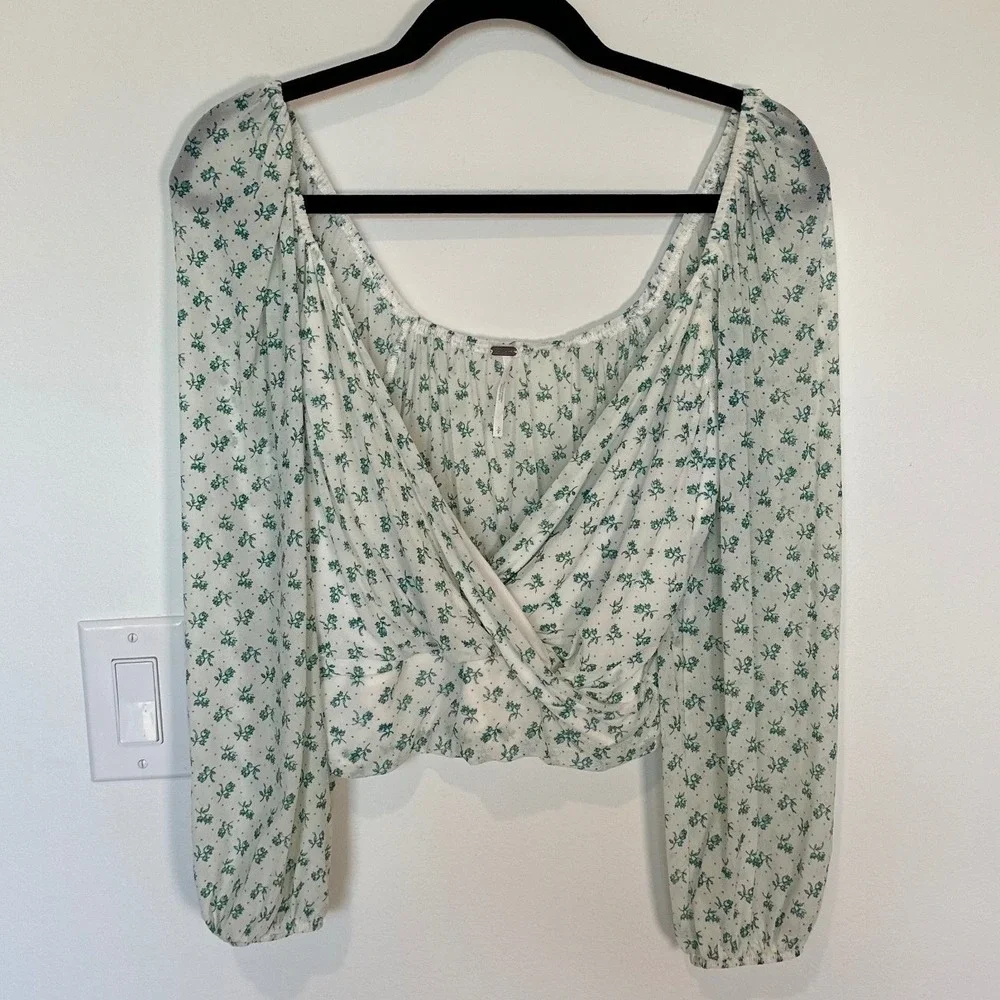 Free People Fia Wrap Top Women Boho Small White Green Floral Mesh Cottagecore